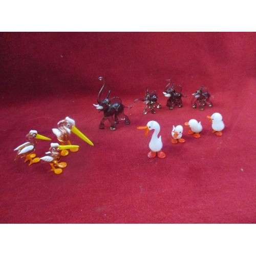 74 - MURANO GLASS MINIATURES COLLECTION. INCLUDES DELIGHTFUL ELEPHANT, GOOSE, AND STORK FAMILIES.