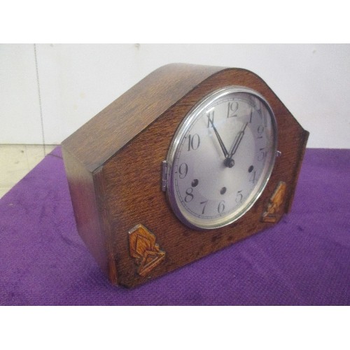 83 - ART DECO OAK CASED MANTLE CLOCK BY HALLER GERMANY , WESTMINSTER CHIME - NO KEY