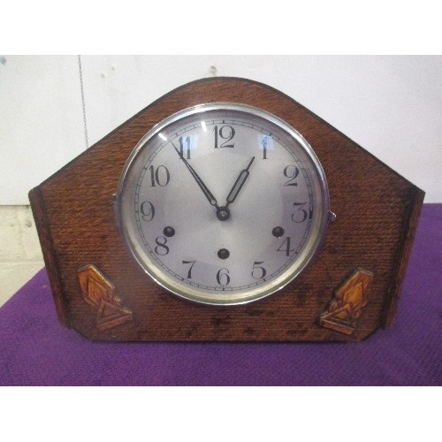 83 - ART DECO OAK CASED MANTLE CLOCK BY HALLER GERMANY , WESTMINSTER CHIME - NO KEY