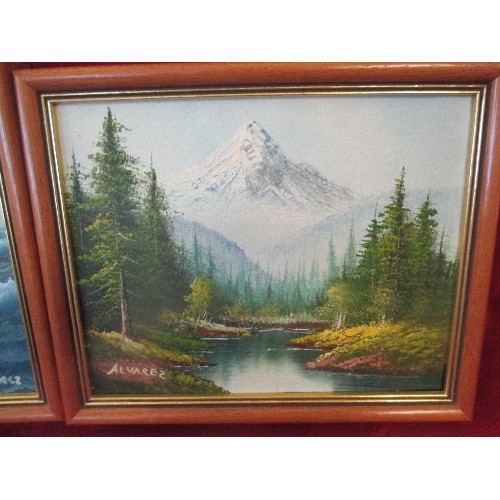 87 - TWO SMALL LATE 20TH CENTURY OIL PAINTINGS ON CANVAS OF A SEASCAPE AND A MOUNTAIN SCENE, BOTH SIGNED ... 