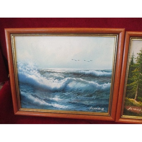 87 - TWO SMALL LATE 20TH CENTURY OIL PAINTINGS ON CANVAS OF A SEASCAPE AND A MOUNTAIN SCENE, BOTH SIGNED ... 