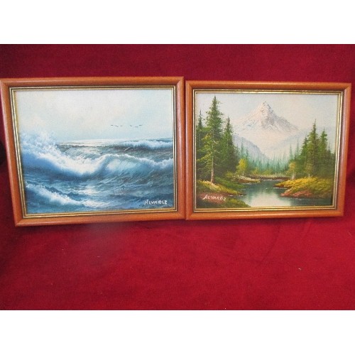 87 - TWO SMALL LATE 20TH CENTURY OIL PAINTINGS ON CANVAS OF A SEASCAPE AND A MOUNTAIN SCENE, BOTH SIGNED ... 