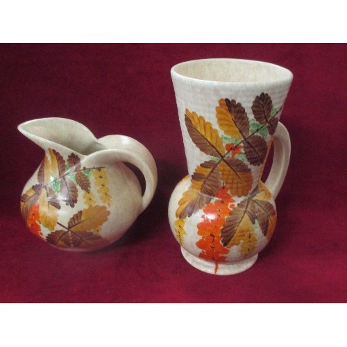 113 - VINTAGE BEWLEY POTTERY TALL JUG, WITH HAND-PAINTED AUTUMN LEAVES/FLOWERS. TOGETHER WITH A MATCHING S... 