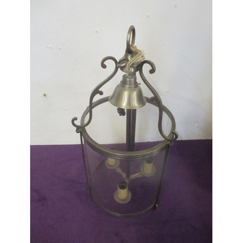 144 - LARGE CIRCULAR CEILING-HUNG GLASS AND BRASS LANTERN, WITH 3 BULB HOLDERS. 55CM H/ 25CM DIAM.