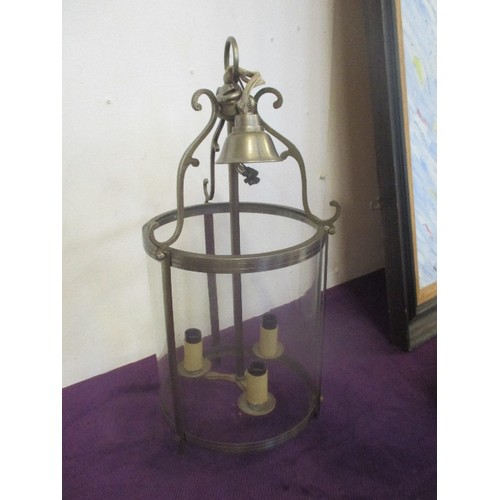 144 - LARGE CIRCULAR CEILING-HUNG GLASS AND BRASS LANTERN, WITH 3 BULB HOLDERS. 55CM H/ 25CM DIAM.