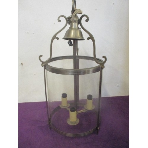 144 - LARGE CIRCULAR CEILING-HUNG GLASS AND BRASS LANTERN, WITH 3 BULB HOLDERS. 55CM H/ 25CM DIAM.