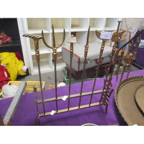 143 - A VERY UNUSUAL VINTAGE MINIATURE BRASS MARTIAL ARTS WEAPON DISPLAY ON STAND - 36CM H