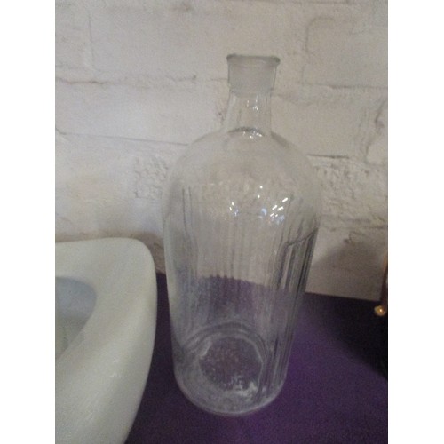 163 - A 1930'S GRIMWADES POTTERY BED PAN TOGETHER WITH A LARGE CHEMICAL BOTTLE WITH RIBBED SIDES (33CM), A... 