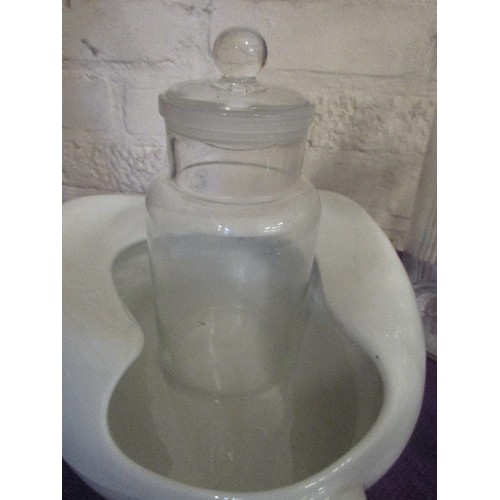 163 - A 1930'S GRIMWADES POTTERY BED PAN TOGETHER WITH A LARGE CHEMICAL BOTTLE WITH RIBBED SIDES (33CM), A... 