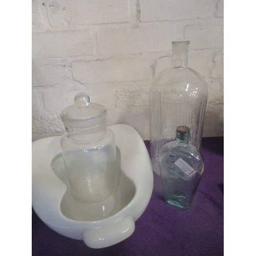 163 - A 1930'S GRIMWADES POTTERY BED PAN TOGETHER WITH A LARGE CHEMICAL BOTTLE WITH RIBBED SIDES (33CM), A... 