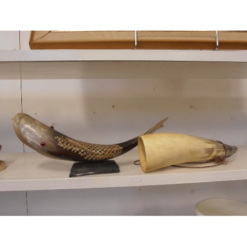 70 - 2 VINTAGE HORN ITEMS. 1 HAS BEEN CARVED INTO A FISH.