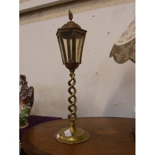 102 - VINTAGE COPPER LANTERN STYLE TABLE LAMP, WITH BRASS BARLEY TWIST STEM.