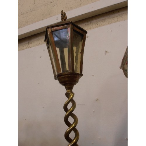 102 - VINTAGE COPPER LANTERN STYLE TABLE LAMP, WITH BRASS BARLEY TWIST STEM.