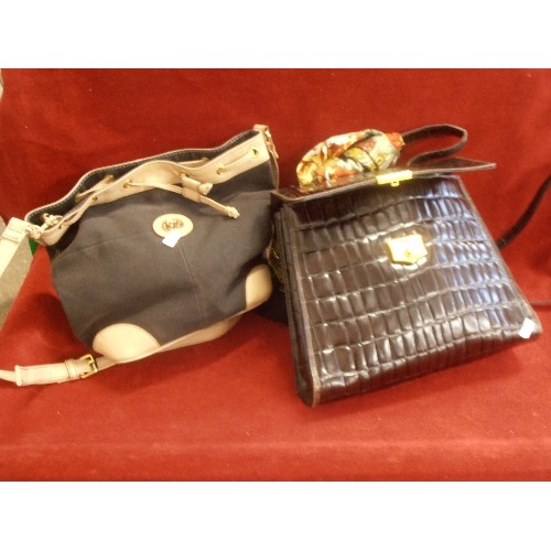 108 - FRANCESCO BIASIA-ITALY, CHOCOLATE BROWN LEATHER 'CROCODILE' HANDBAG, WITH DUSTBAG & PRETTY SCARF. AL... 