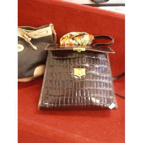 108 - FRANCESCO BIASIA-ITALY, CHOCOLATE BROWN LEATHER 'CROCODILE' HANDBAG, WITH DUSTBAG & PRETTY SCARF. AL... 