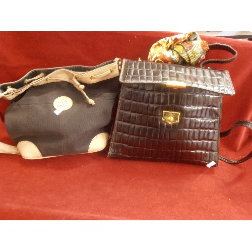 108 - FRANCESCO BIASIA-ITALY, CHOCOLATE BROWN LEATHER 'CROCODILE' HANDBAG, WITH DUSTBAG & PRETTY SCARF. AL... 