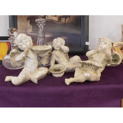 115 - 3 CHERUB GARDEN ORNAMENTS. 'HEAR NO EVIL, SEE NO EVIL, SPEAK NO EVIL'