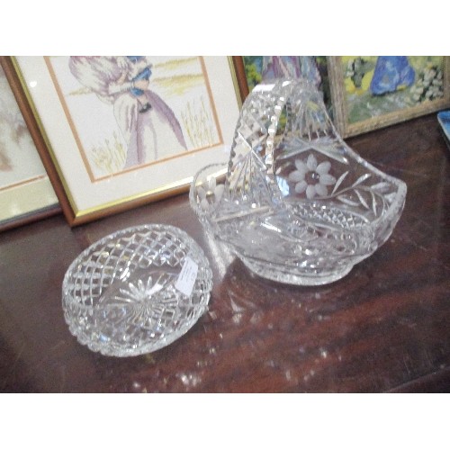 204 - HEAVY CUT GLASS STOURBRIDGE FRUIT BASKET, WITH ETCHED FLORAL PANELS. TOGETHER WITH A HEAVY CUT GLASS... 