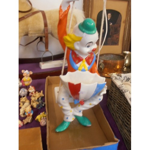 136 - LARGE CERAMIC HANGING CLOWN. UMBRELLA WOULD HOLD PLANT/FLOWERS/OTHER. BRIGHT PRIMARY COLOURS.