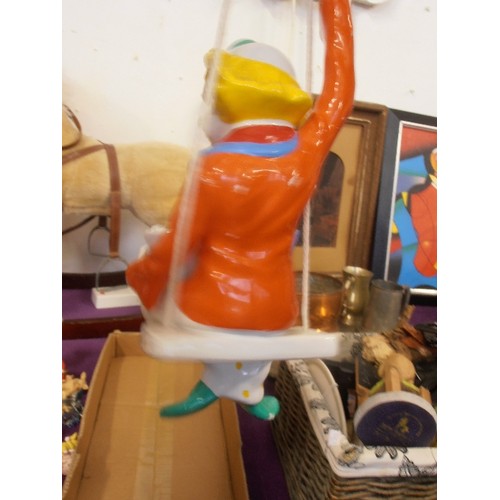 136 - LARGE CERAMIC HANGING CLOWN. UMBRELLA WOULD HOLD PLANT/FLOWERS/OTHER. BRIGHT PRIMARY COLOURS.