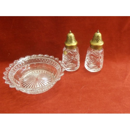 92 - A PAIR OF VINTAGE MAPPIN & WEBB LEAD CUT-CRYSTAL/BRASS TOPPED SALT SHAKERS, PLUS DISH.