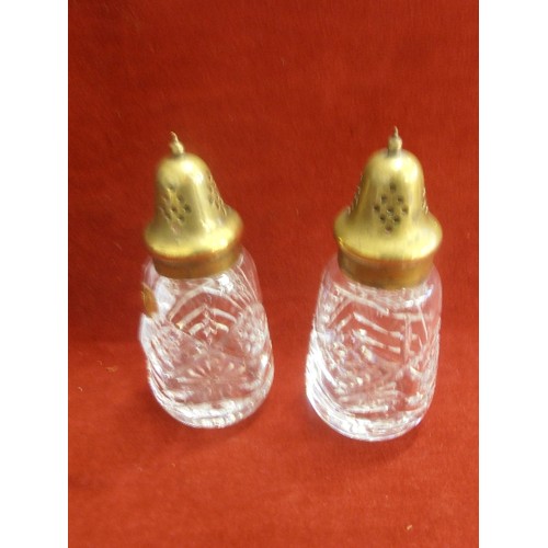 92 - A PAIR OF VINTAGE MAPPIN & WEBB LEAD CUT-CRYSTAL/BRASS TOPPED SALT SHAKERS, PLUS DISH.