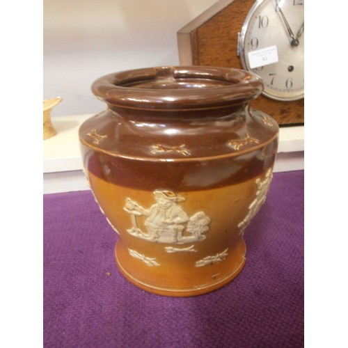 88 - ATTRACTIVE VINTAGE STONEWARE CANNISTER/ URN, WITH RAISED DETAIL. NO LID. SOME NIBBLES AND DAMAGE.