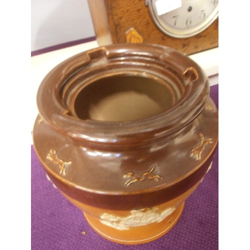 88 - ATTRACTIVE VINTAGE STONEWARE CANNISTER/ URN, WITH RAISED DETAIL. NO LID. SOME NIBBLES AND DAMAGE.