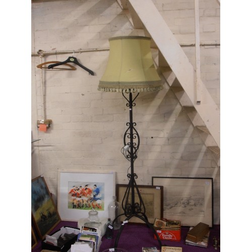 170 - WROUGHT IRON STANDARD LAMP BASE, WITH APPLE-GREEN TASSELLED SHADE.