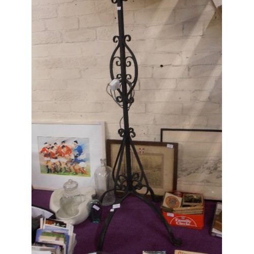 170 - WROUGHT IRON STANDARD LAMP BASE, WITH APPLE-GREEN TASSELLED SHADE.