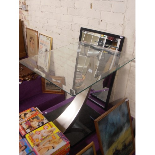 180 - CONTEMPORARY GLASS AND METAL COFFEE/SIDE TABLE. UNUSUAL CURVED SINGLE STEM, SUPPORTS BEVELLED GLASS ... 