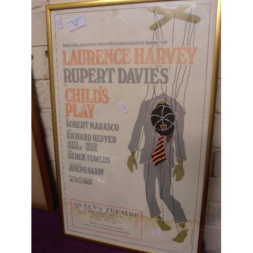 183 - VINTAGE THEATRE POSTER. 'CHILD'S PLAY' LAUREN HARVEY & RUPERT DAVIES. QUEENS THEATRE, SHAFTSBURY AVE... 