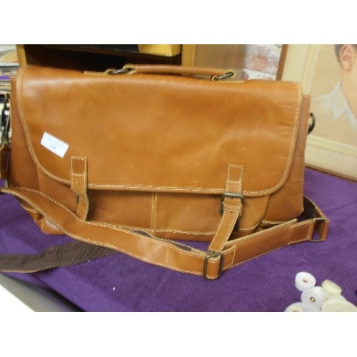 185 - LARGE TAN LEATHER SATCHEL/BRIEF CASE. STRONG STRAP.