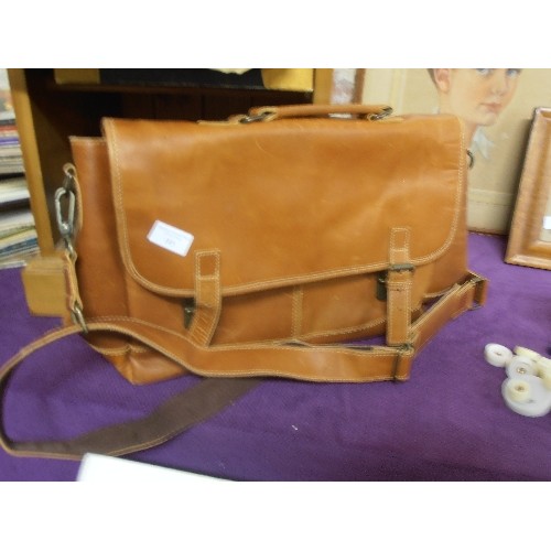 185 - LARGE TAN LEATHER SATCHEL/BRIEF CASE. STRONG STRAP.