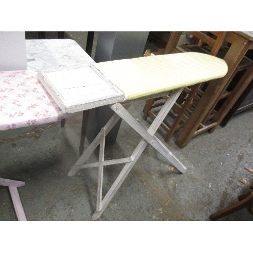 264 - 3 VINTAGE WOODEN IRONING BOARDS WITH CHECKED FABRIC COVERED TOPS