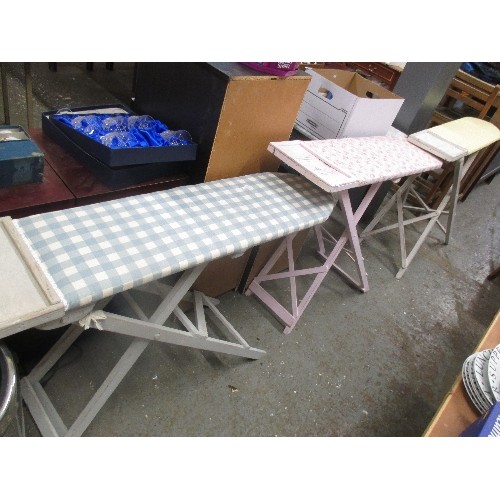 264 - 3 VINTAGE WOODEN IRONING BOARDS WITH CHECKED FABRIC COVERED TOPS