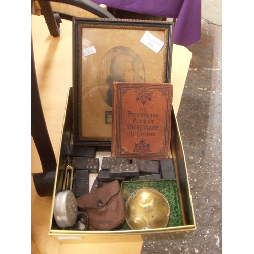 238 - INTERESTING BOX OF VINTAGE ITEMS. INC A FRAMED PRINT OF MOZART, 'THE PRONOUNCING ILLUSTRATED POCKET ... 