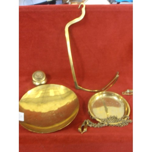 258 - VICTORIAN BRASS SCALE ARM AND PANS AND 5 WEIGHTS