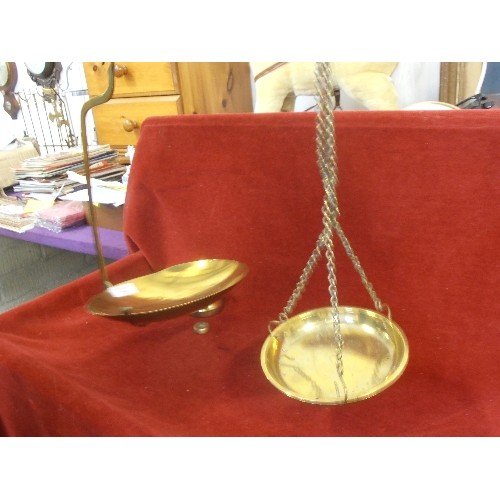 258 - VICTORIAN BRASS SCALE ARM AND PANS AND 5 WEIGHTS