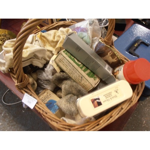 260 - VINTAGE WICKER SHOPPING BASKET FULL OF SHOE SHINE BRUSHES AND PRODUCTS