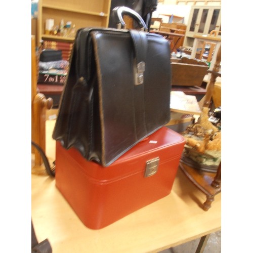 226 - A LARGE BRIGHT RED VANITY CASE[WITH KEY] ALSO A BLACK BRIEFCASE.