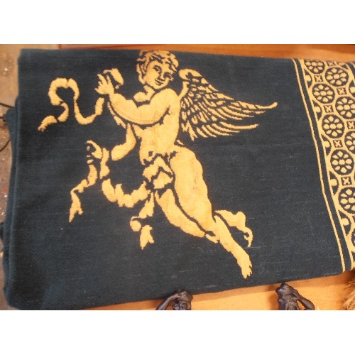 274 - A LOVELY WALL HANGING / THROW IN FOREST GREEN WITH GOLD CHERUB DESIGN - 150CM X 120CM