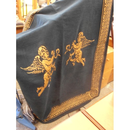 274 - A LOVELY WALL HANGING / THROW IN FOREST GREEN WITH GOLD CHERUB DESIGN - 150CM X 120CM