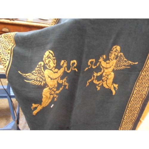 274 - A LOVELY WALL HANGING / THROW IN FOREST GREEN WITH GOLD CHERUB DESIGN - 150CM X 120CM