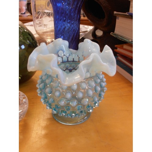 290 - 6 PIECES OF QUALITY GLASS INC AN EDWARDIAN CELERY VASE, VICTORIAN BLUE VASE WITH FRILLED TOP, BOTTLE... 