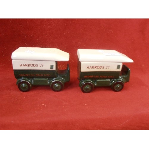 295 - TWO CERAMIC HARRODS DELIVERY VEHICLE BOXES WITH LIDS (TEA CADDIES?) BY LONDON POTTERY