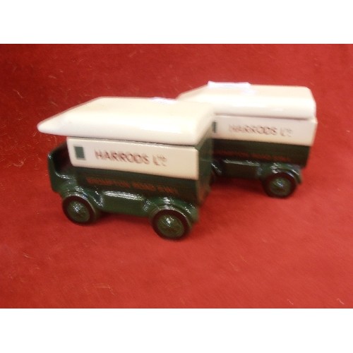 295 - TWO CERAMIC HARRODS DELIVERY VEHICLE BOXES WITH LIDS (TEA CADDIES?) BY LONDON POTTERY