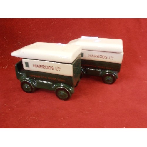 295 - TWO CERAMIC HARRODS DELIVERY VEHICLE BOXES WITH LIDS (TEA CADDIES?) BY LONDON POTTERY