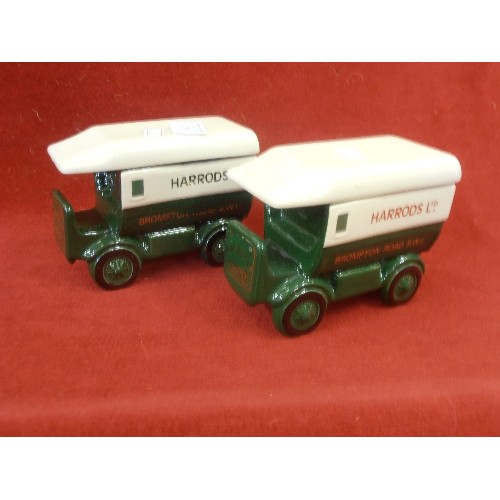 298 - TWO CERAMIC HARRODS DELIVERY VEHICLE BOXES WITH LIDS (TEA CADDIES?) BY LONDON POTTERY