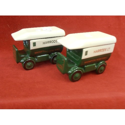 298 - TWO CERAMIC HARRODS DELIVERY VEHICLE BOXES WITH LIDS (TEA CADDIES?) BY LONDON POTTERY